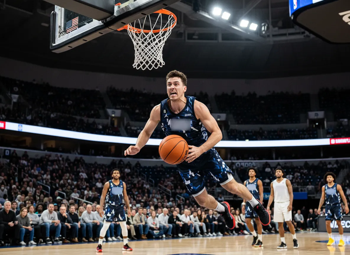 Canestro da basket professionale illuminato dai riflettori in arena