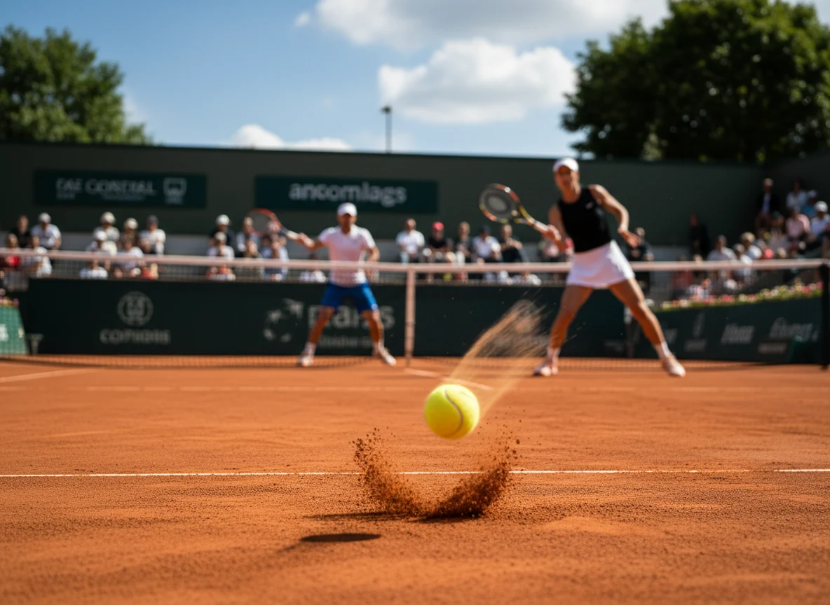 Dettaglio di una pallina da tennis su campo in terra battuta rossa