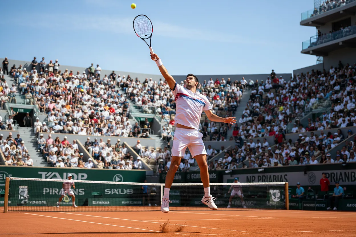 Racchetta e pallina da tennis su campo in terra battuta
