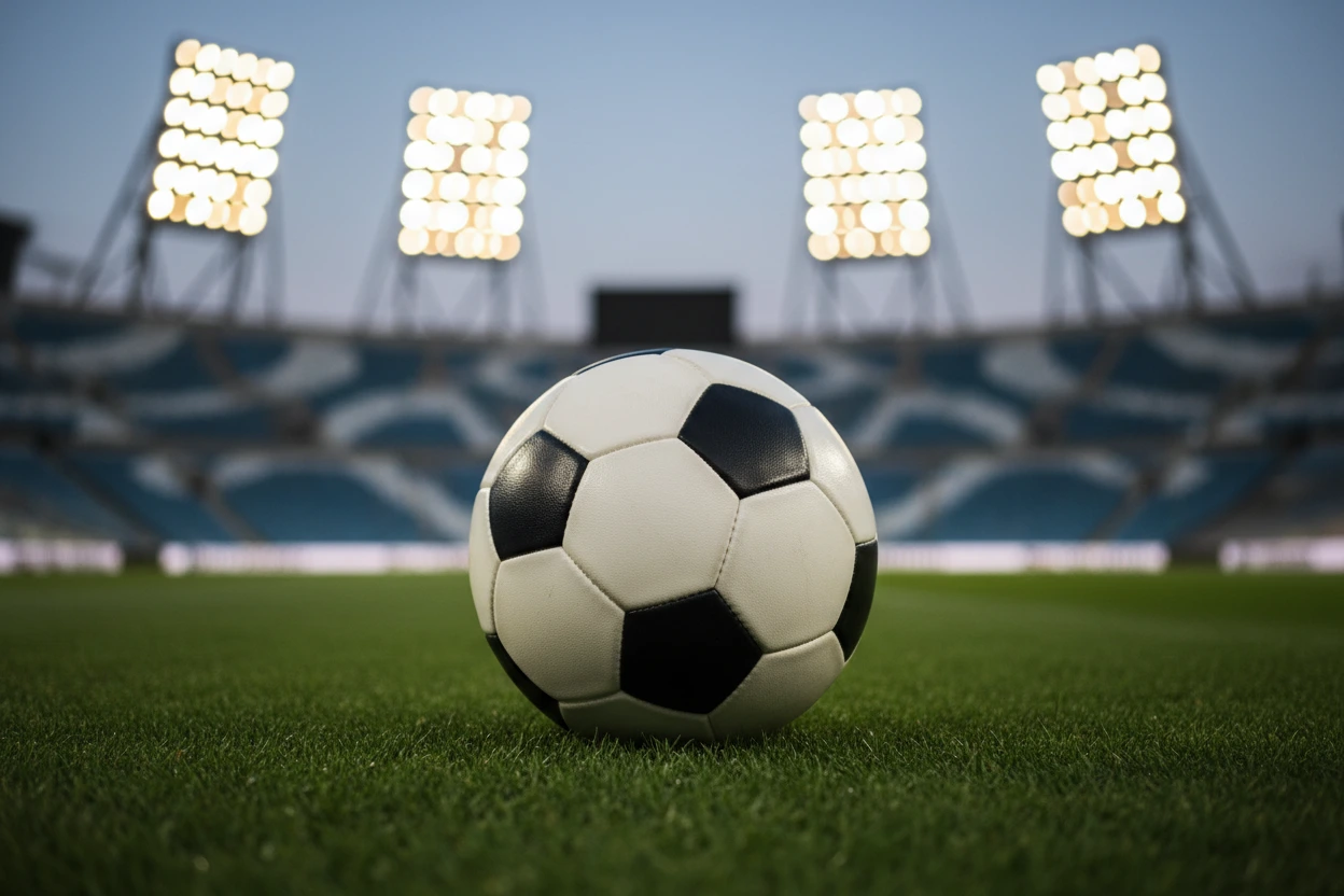 Pallone da calcio sul campo verde da gioco illuminato dai riflettori